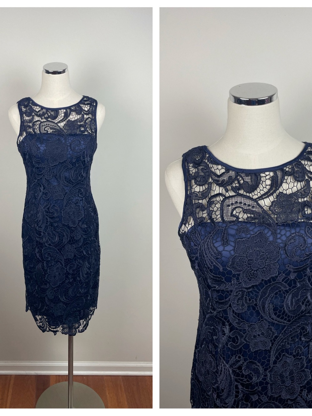 Adrianna Papell Navy Blue Lace Floral Dress Cocktail Wedding Glam Women Size 6